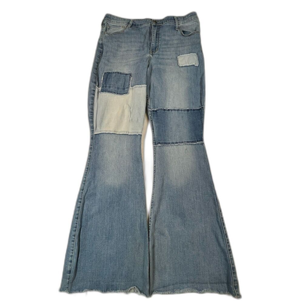 Hollister Womens 15R W32 L31 High Rise Flare Jeans Patchwork Y2K Raw Hem